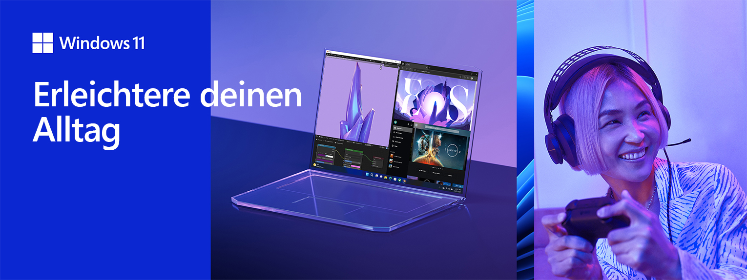 Links ist ein Laptop zu sehen der Multitasking betreibt. Rechts ist eine Frau die freudig mit einem Controller spielt