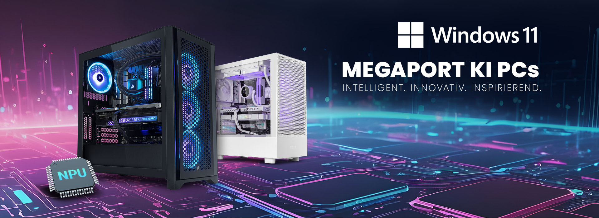 Ein schwarzer und weißer Gaming PC mit RGB-Beleuchtung stehen versetzt nebeneinander vor einem futuristischen Hintergrund