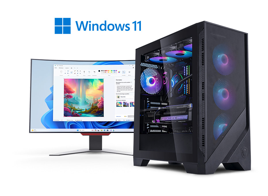 KI PC mit RGB-Beleuchtung steht vor einem Bildschirm, auf dem ein Programm für künstlich generierte Bilder ausgeführt wird