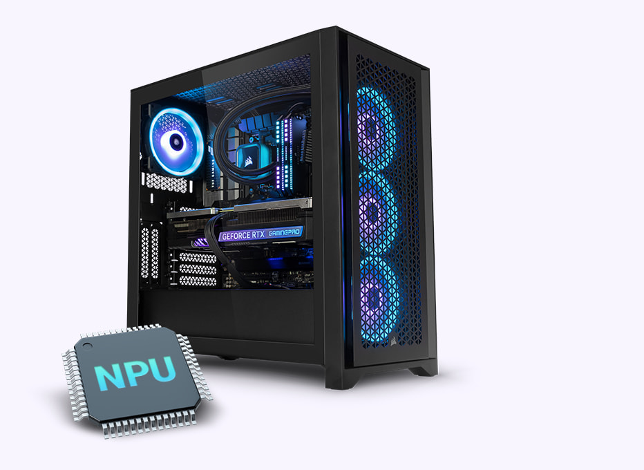 Computer mit RGB-Beleuchtung steht hinter einer besipielhaften Darstellung einer Neural Processing Unit