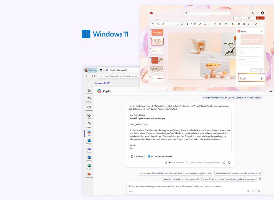 Bildschirmaufnahme welche die Nutzung der Windows 11 Programme PowerPoint und Microsoft Copilot zeigt
