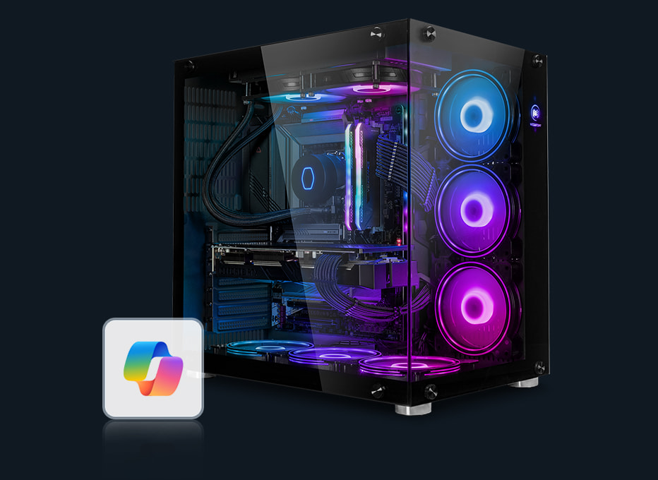 Gaming PC mit großer Glasfront und viel RGB-Beleuchtung, welcher hinter dem Microsoft Copilot Logo steht
