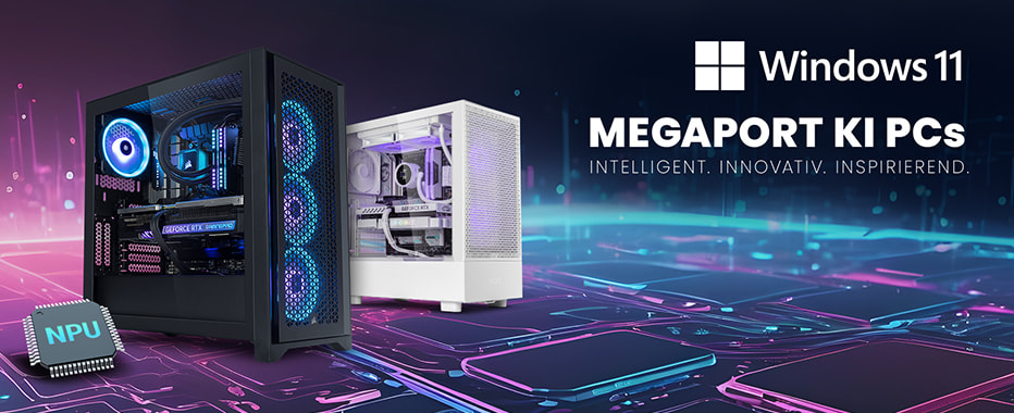 Ein schwarzer und weißer Gaming PC mit RGB-Beleuchtung stehen versetzt nebeneinander vor einem futuristischen Hintergrund