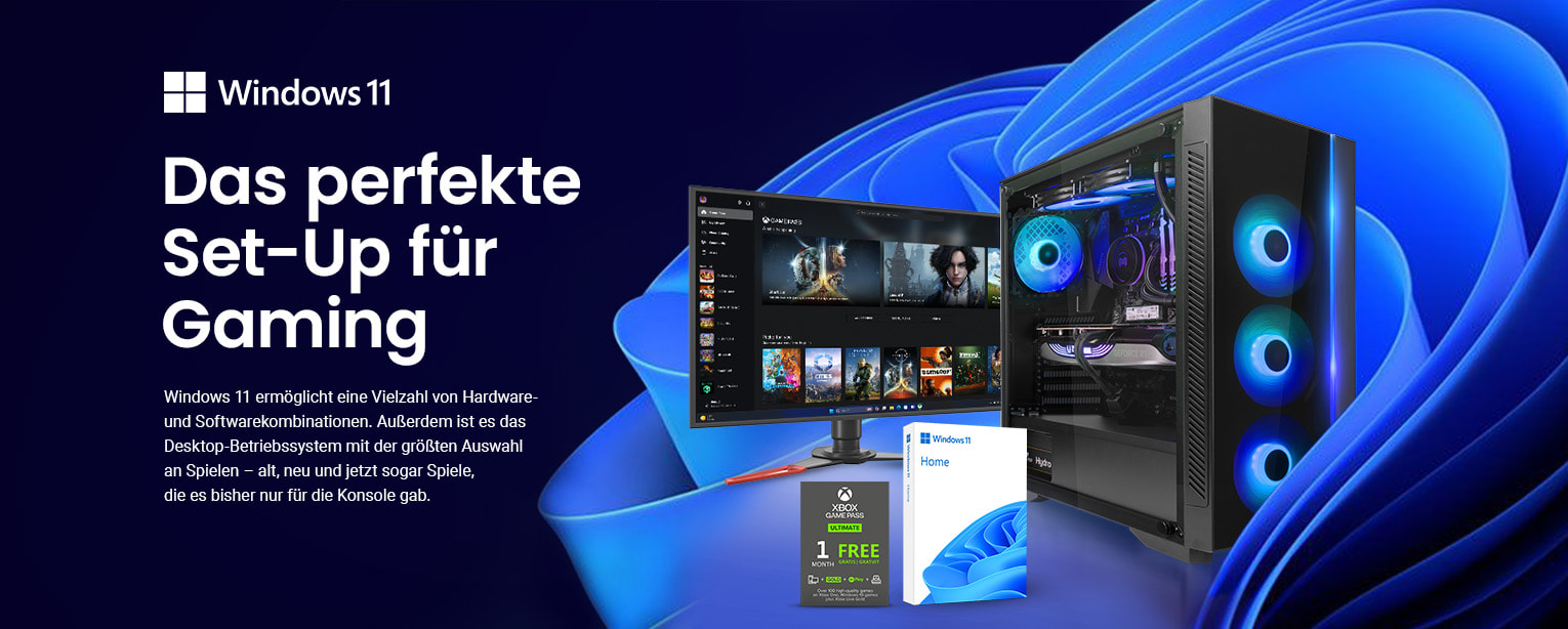 Gaming PC mit RGB-Beleuchtung vor einem Monitor der die Homepage des Xbox Gamepass Ultimate darstellt