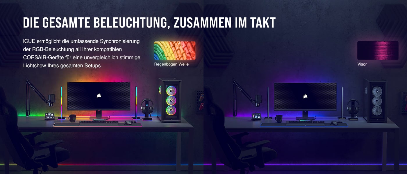 Synchronisierung der RGB Beleuchtung mit Corsair iCue bei Megaport. Regenbogenwelle und Visor.