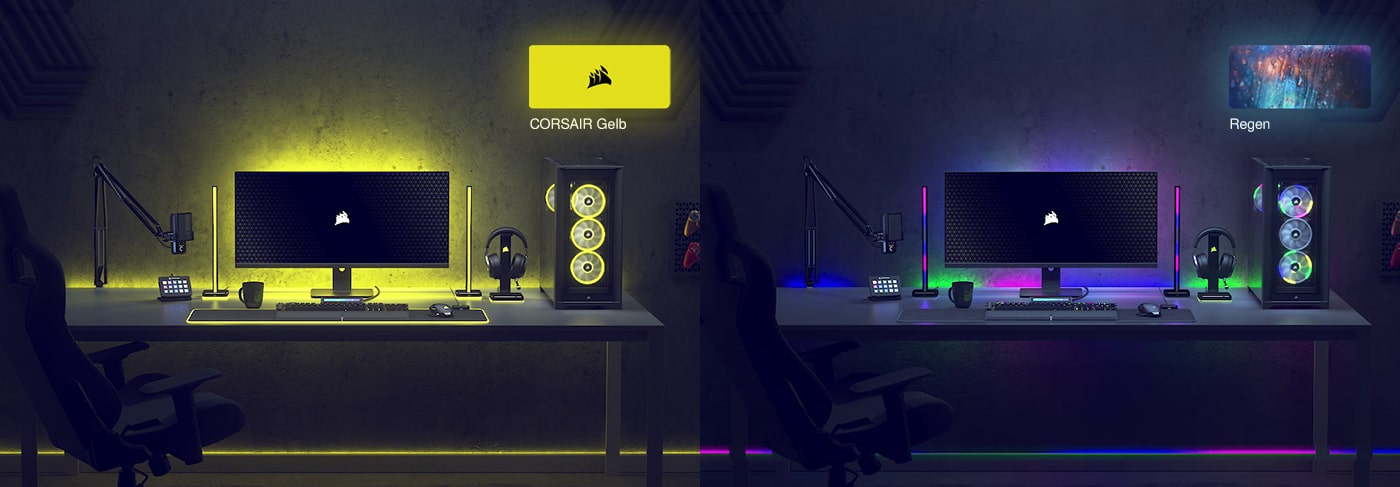 Corsair iCue RGB Beleuchtung - Beispiel 'Corsair Gelb' und 'Regen'