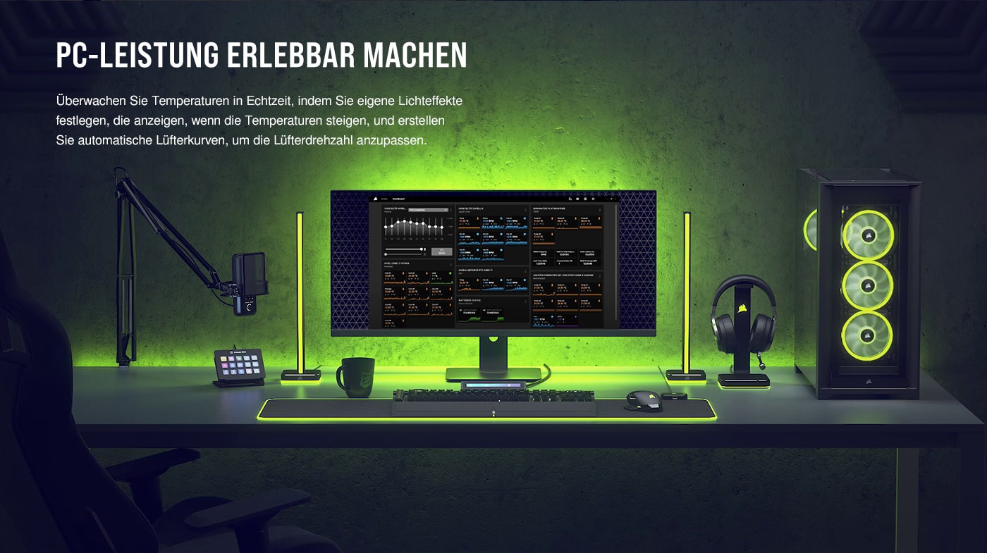 Corsair iCue bei Megaport. Lichteffekte festlegen, um Temperaturen zu überwachen und Lüfterdrehzahl anpassen. 