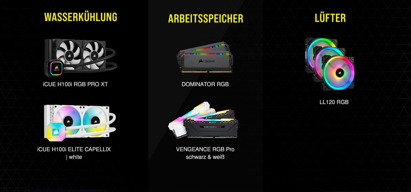 Corsair iCue RGB Beleuchtung bei der Wasserkühlung, dem Arbeitsspeicher und Lüftern. 