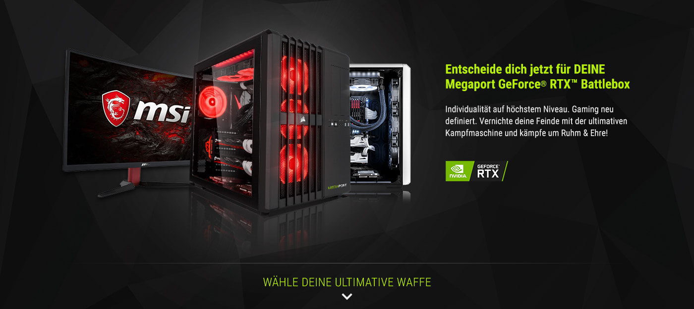 Megaport Geforce RTX Battlebox. PC-System anpassen. Gaming neu definiert.
