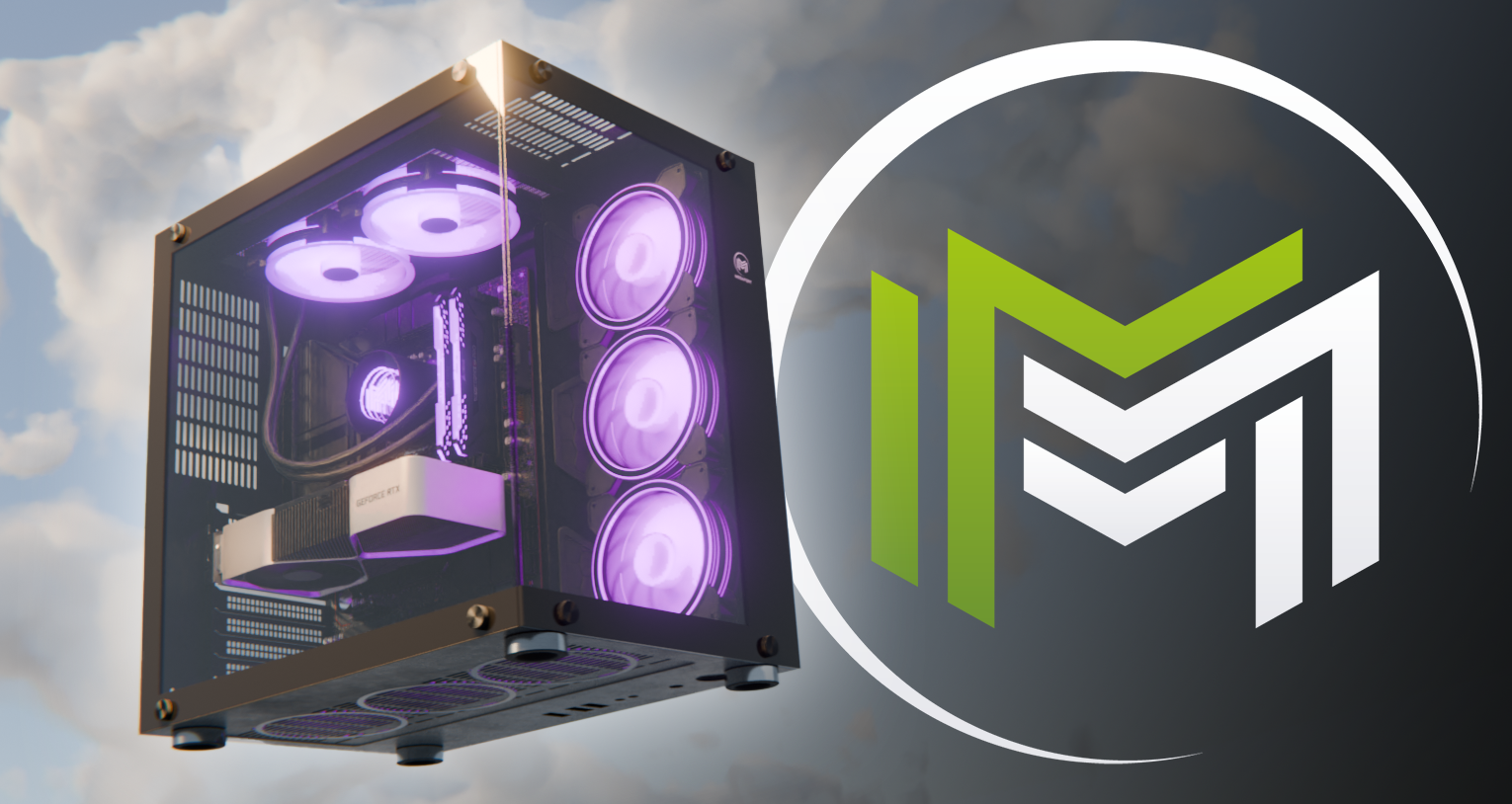 Megaport Gaming PC mit RGB Beleuchtung schwebt neben dem Megaport Logo im Himmel