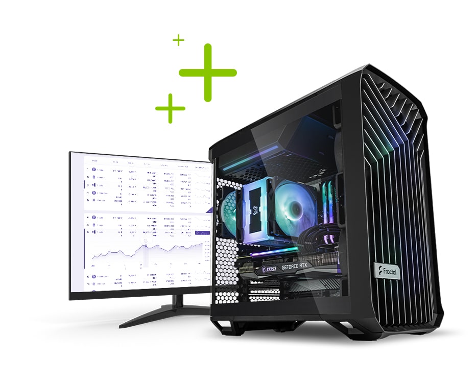 Office PC mit RGB-Beleuchtung steht vor inem Bildschirm auf dem eine Datenanalyse stattfindet