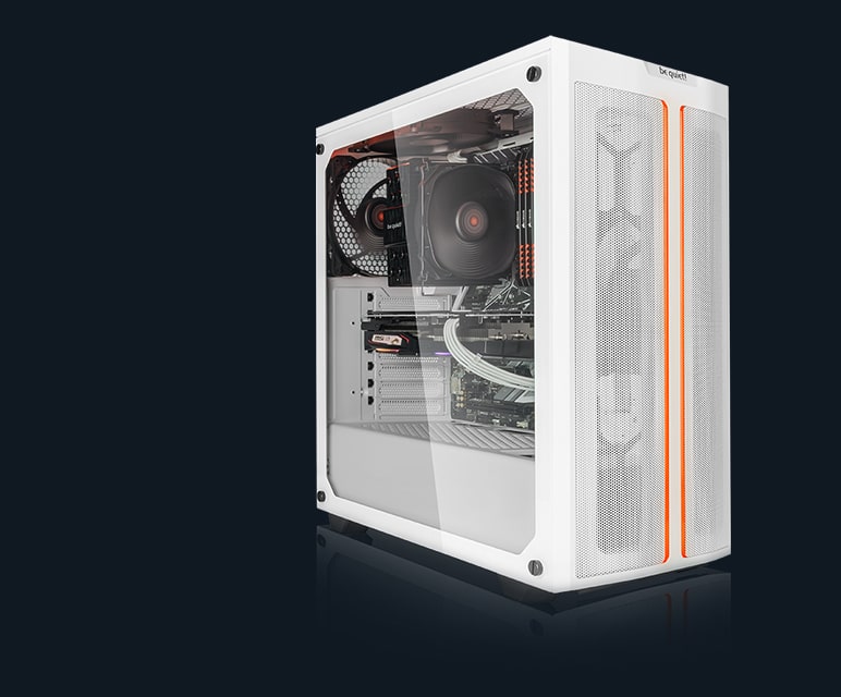 Weißer Office PC mit Gehäuse der Marke be quiet und orangener RGB-Beleuchtung