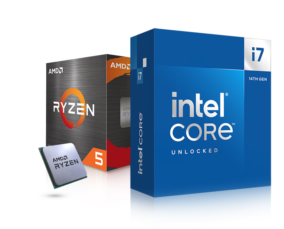 Verpackter Intel Core i7 Prozessors der 14ten Generation und ein verpackter AMD Ryzen 5 Prozessor