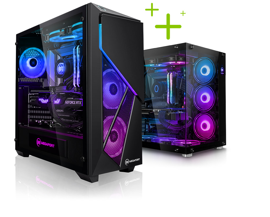 Zwei Megaport PCs mit RGB-Beleuchtung, die versetzt nebeneinander stehen