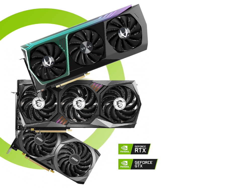 Drei Nvidia RTX und GTX Grafikkarten der Marken MSI und Zotac liegen nebeneinander