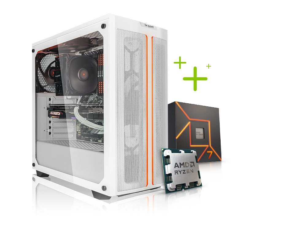 Weißer Gaming PC mit RGB Beleuchtung und davor steht ein AMD Prozessor der 7000er Generation