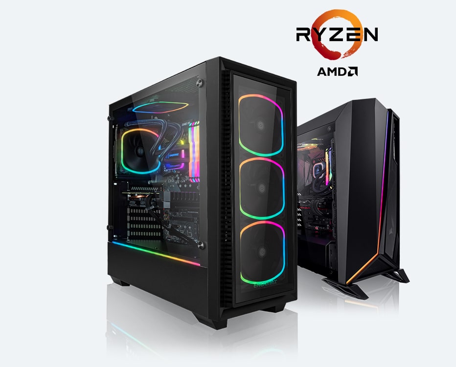 Zwei moderne Megaport Gaming-PCs mit RGB-Beleuchtung, ausgestattet mit AMD Ryzen