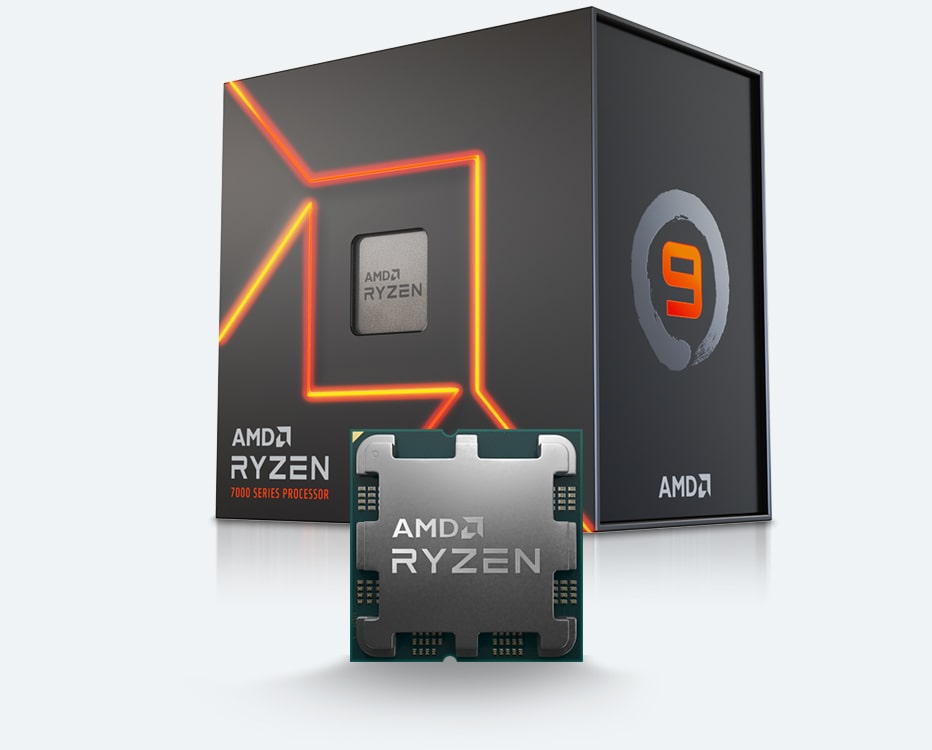 AMD Ryzen 9 Prozessor der 7000er Serie steht ausgepackt vor seiner Verpackung