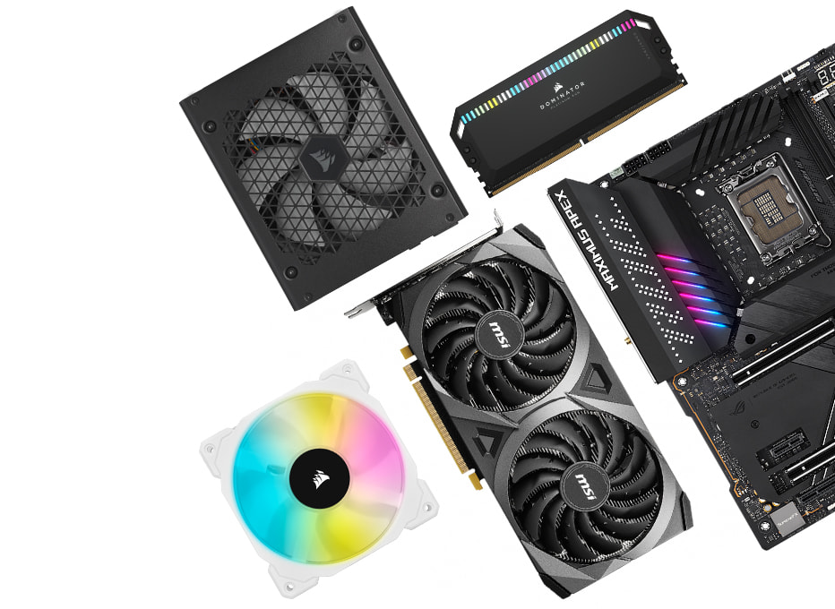Verschiedene Gamer PC Komponenten unterschiedlicher Hersteller liegen symethrisch nebeneinander