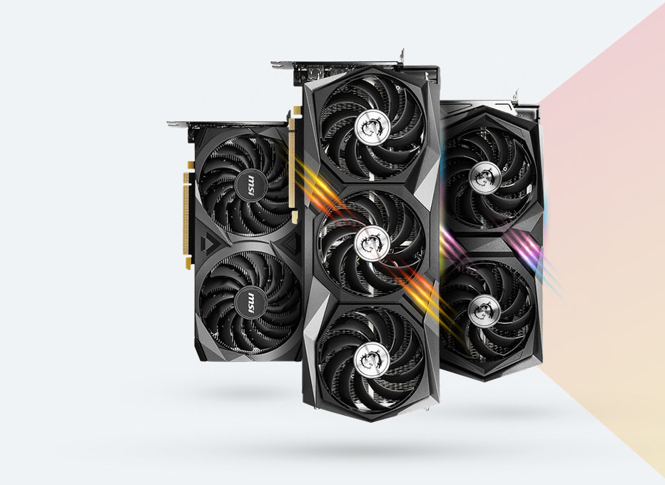 Drei Grafikkarten, wobei die vorderste GPU drei Lüfter hat und die hinteren GPUs zwei Lüfter