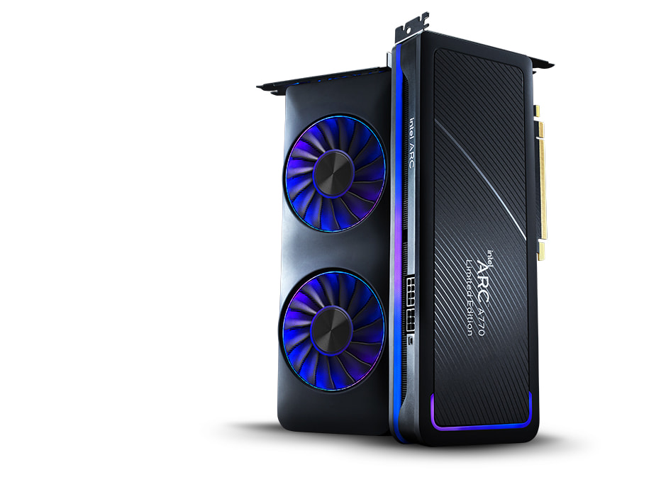 Zwei Intel Arc A770 Grafikkarten in der Limited Edition, welche aneinander lehnen