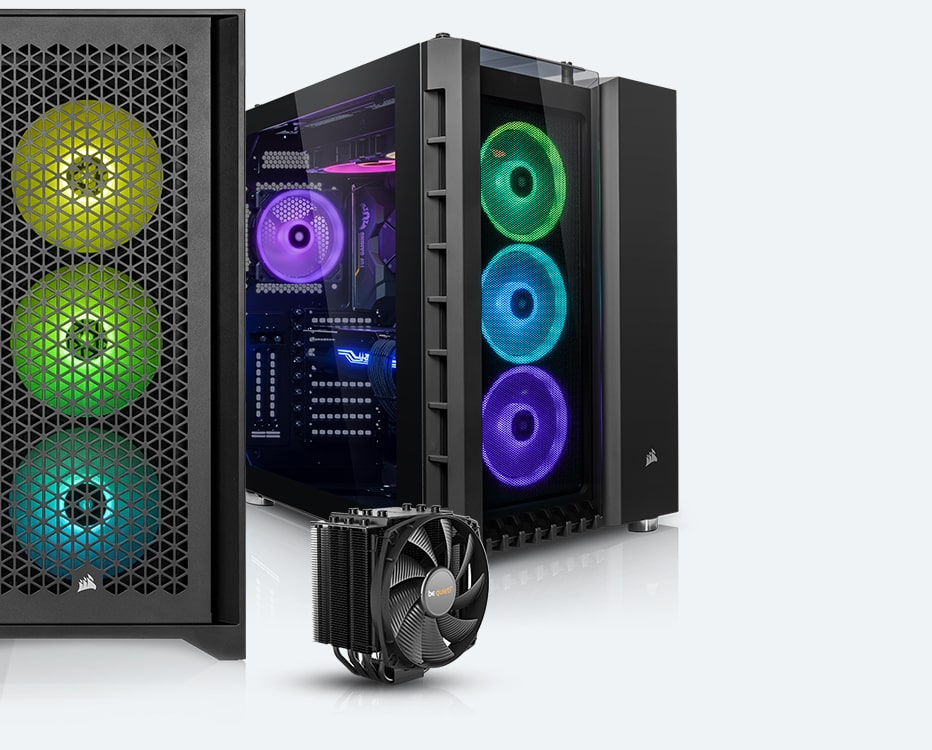 Zwei High End PCs in Corsair Gehäusen stehen nebeneinander und davor steht ein CPU-Kühler der Marke be quiet