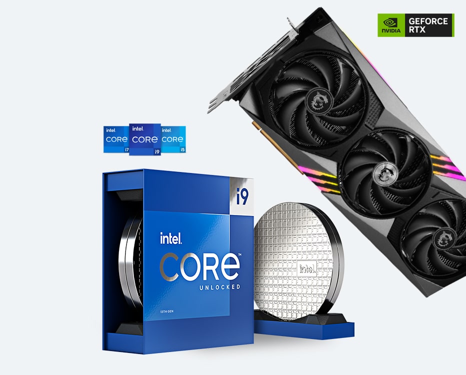 Hochwertige Nvidia RTX Grafikkarte der Marke MSI mit und ein verpackter Intel Core i9 Prozessor der 13ten Generation