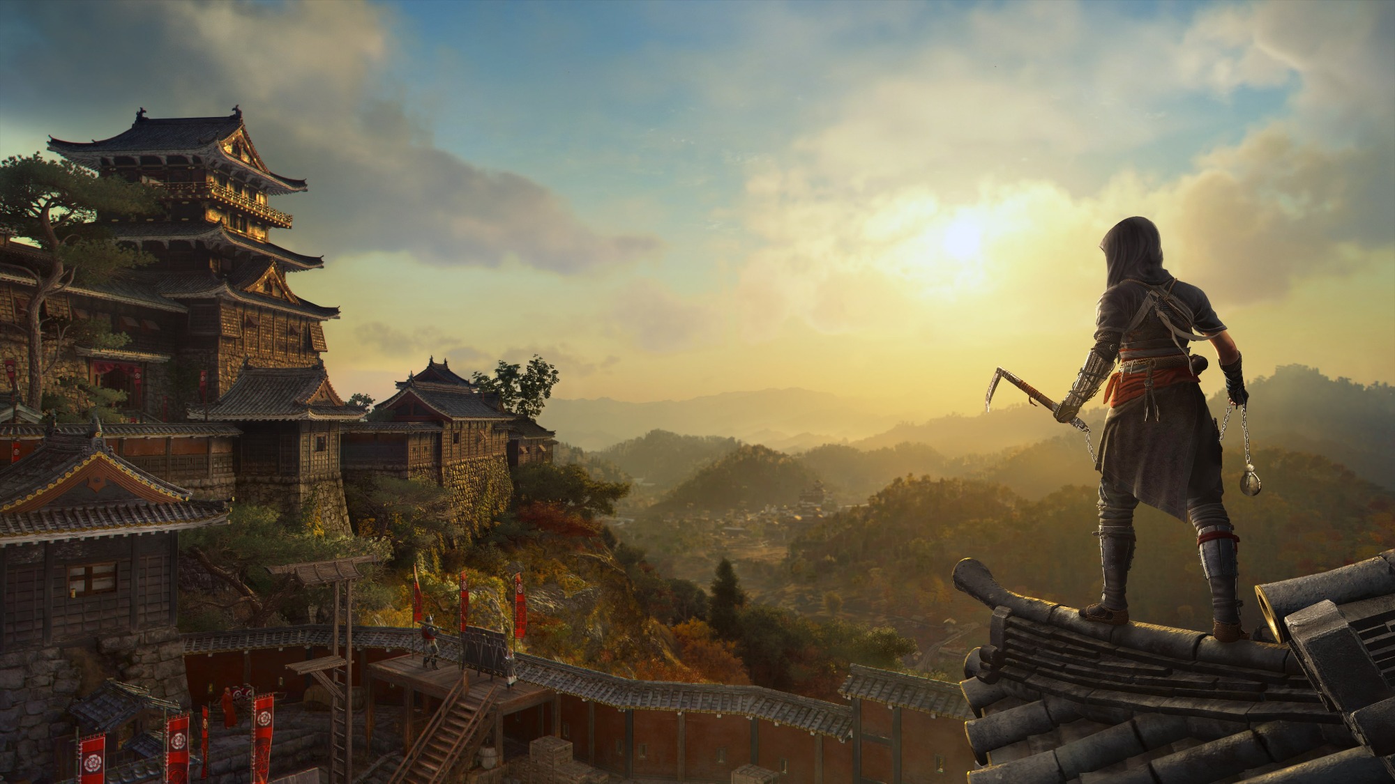 Der assassins Creed Shadows Charakter Naoe steht mit Greifhaken auf einem japanischen Dach