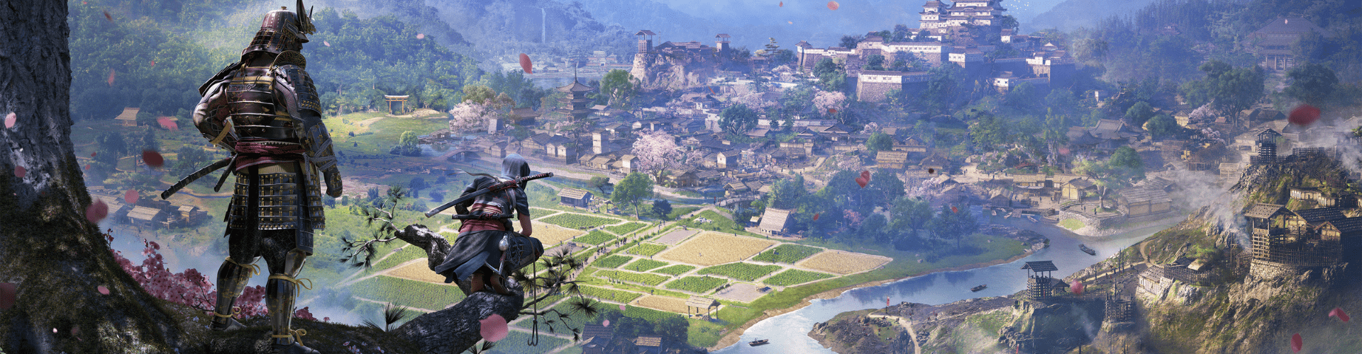 Assassin\'s Creed Shadows Key Art mit den Hauptcharkteren die auf einem Berg oberhalb einer japanischen Stadt stehen