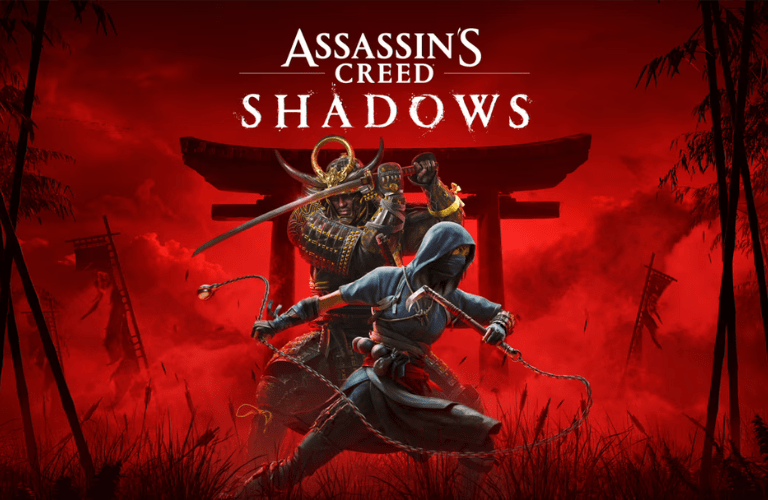 Assassin\'s Creed Shadows Key Art mit zwei Kämpfern, die mit Waffen vor einem japanischen Torbogen und rotem Hintergrund stehen