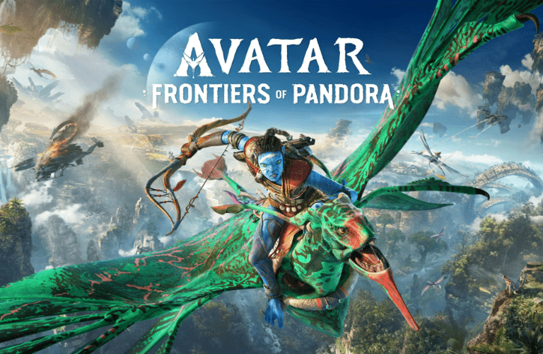 Der Protagonist sitzt in der Welt von Avatar auf einem Ikran und fliegt mit einem Bogen in der Hand durch den Himmel