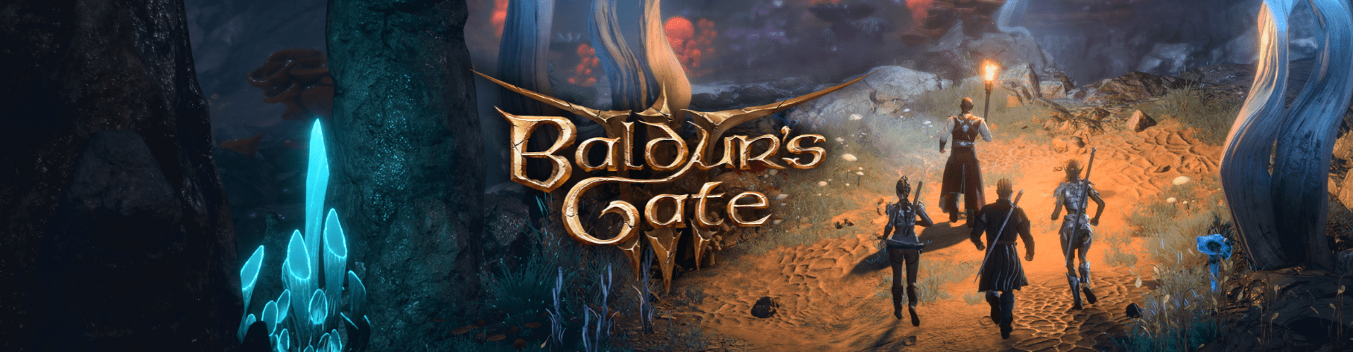 Charaktere aus Baldurs Gate 3 rennen durch einen dunklen Wald
