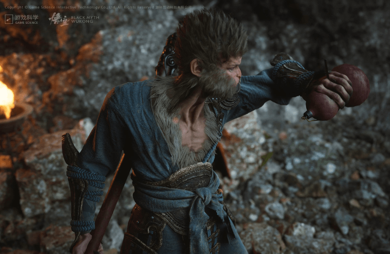Der Affe Wukong mit einer japanischen langstock-Waffe und einem Trinkbehälter in der Hand