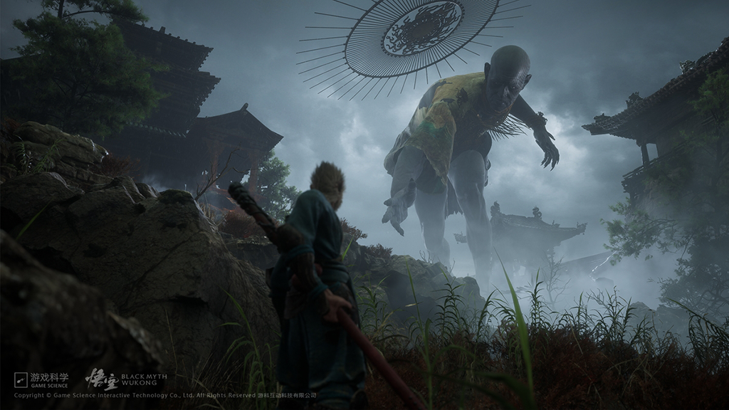 Der Affe Wukong steht unterhalb eines kleinen Berges und wird von einem Riesen angegriffen, der sich auf der Erhöhung befindet