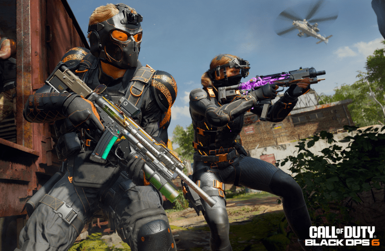 Zwei Kämpfer aus Call of Duty Black Ops 6 in einer Kampfsituation mit Waffen