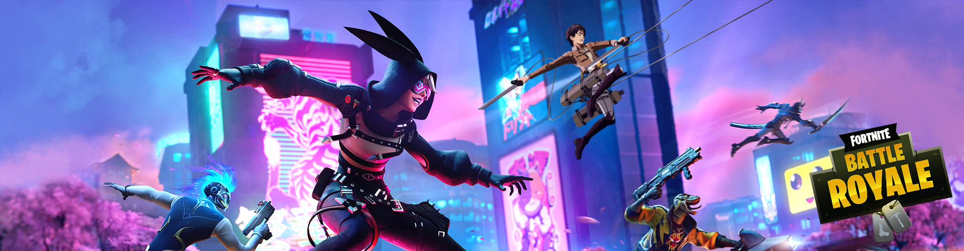 Fünf verschiedene Fortnite Charaktere bewegen sich mit Waffen durch eine moderene Stadt mit großen Neon-Reklamen und Wolkenkratzern