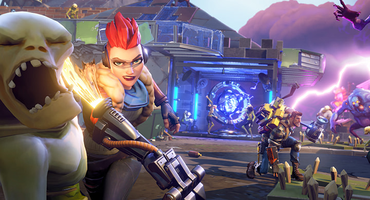 Weiblicher Fortnite Charakter schlägt ein Skelett, im Hintergrund sind weitere Monster und ein männlicher Charakter