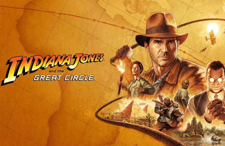 Offizielles Indiana Jones and the Great CircleKey Art, mit Indiana Jones der eine Peitsche hält und Nebencharakteren