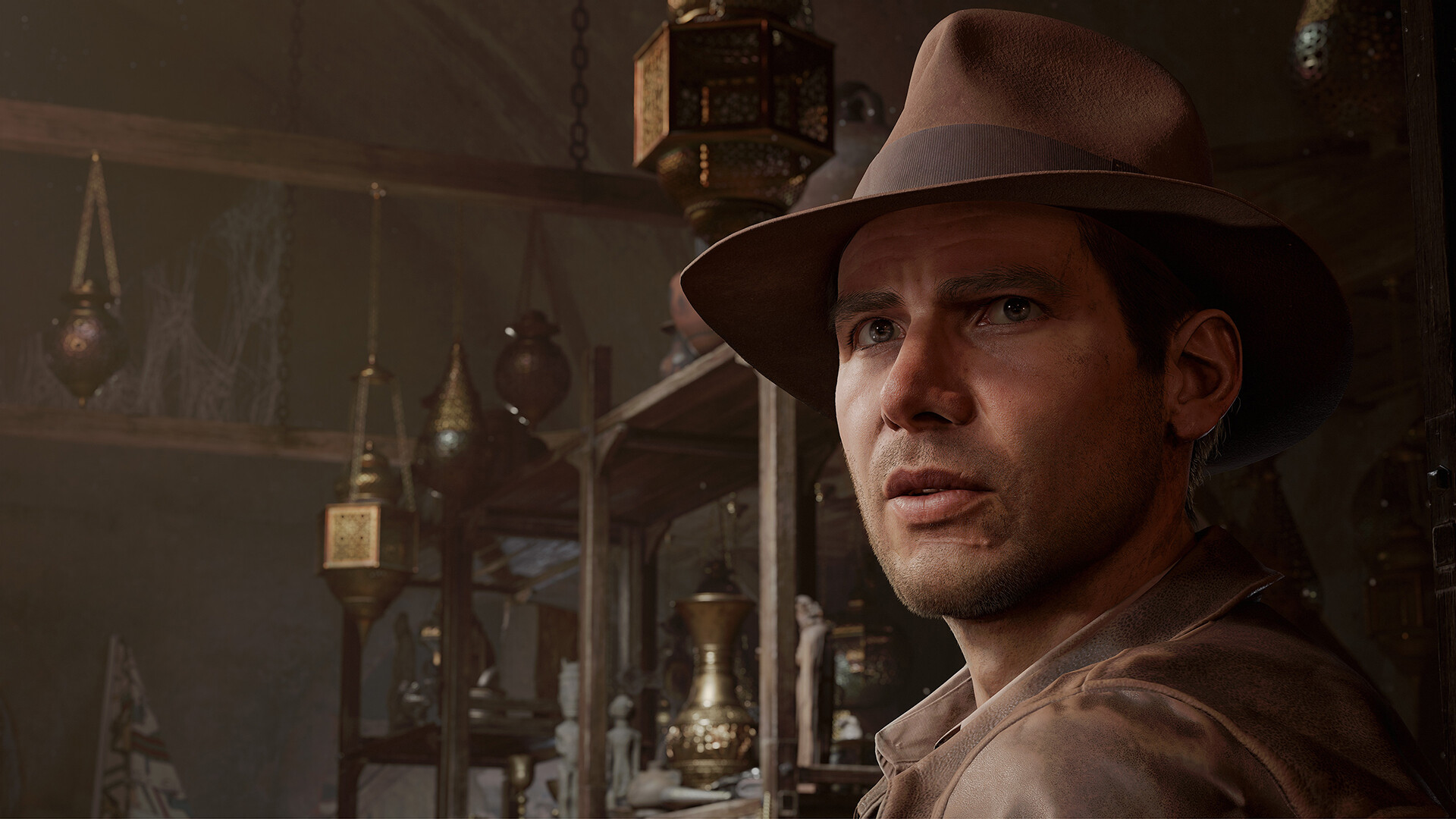 Nahaufnahme von Indiana Jones mit einem Hut auf dem Kopf