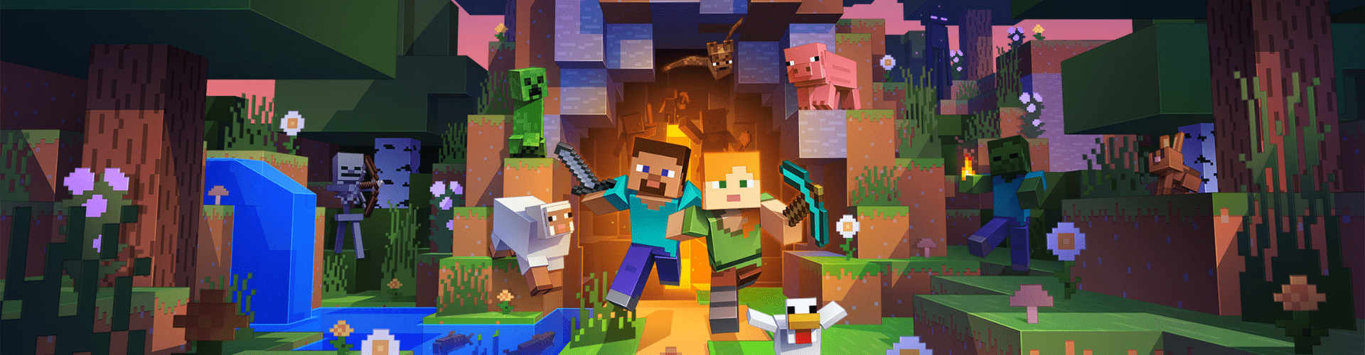 Ein weiblicher und männlicher Minecraft Charakter rennen aus einer Höhle und im Hintergrund sind viele weitere Figuren aus Minecraft