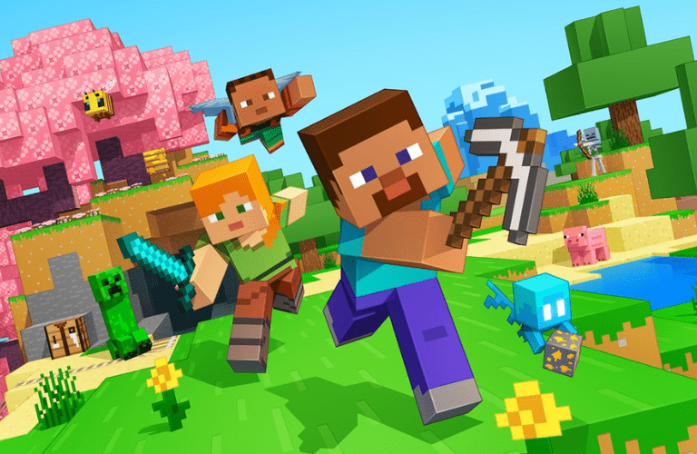 Ein weiblicher und männlicher Minecraft Charakter rennen auf einem Berg mit vielen Charakteren aus Minecraft im Hintergrund