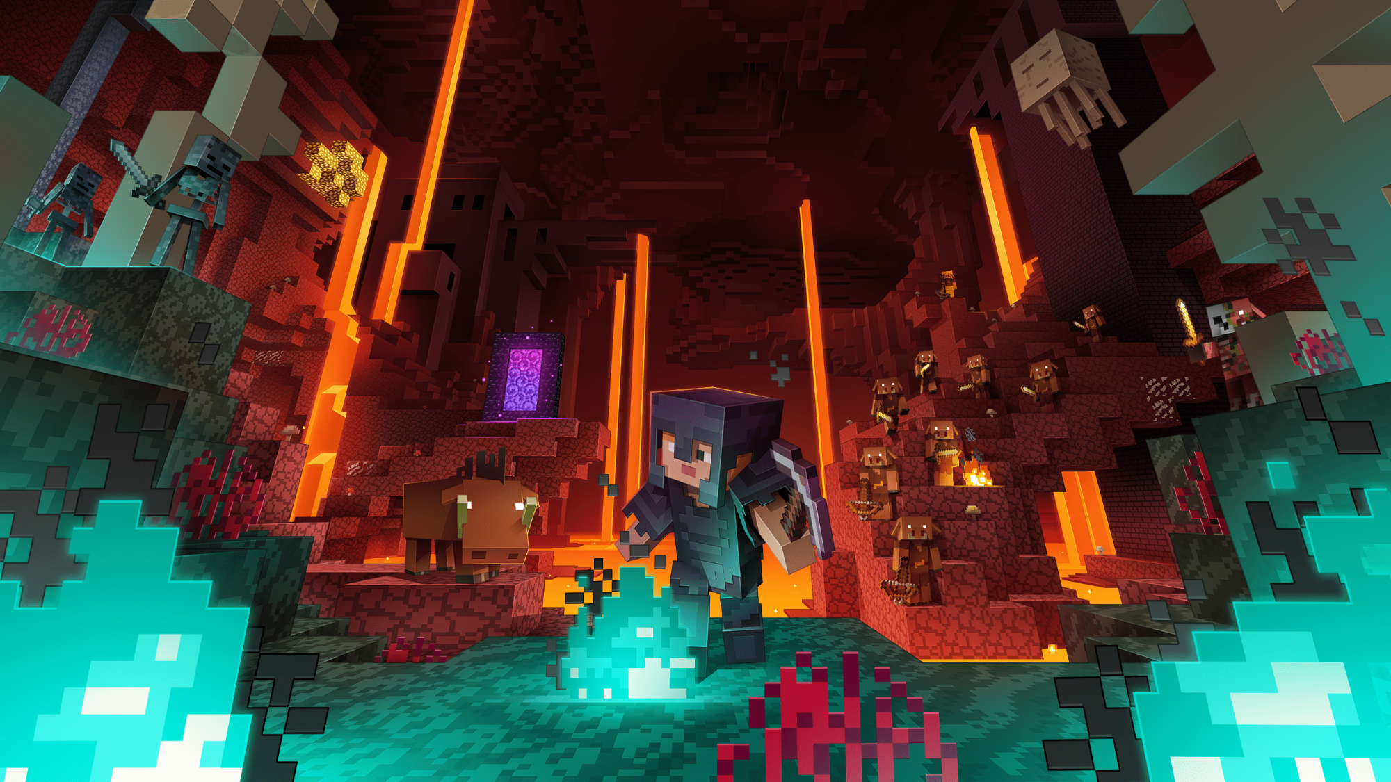 Minecraft Charakter ist mit Rüstung im Nether