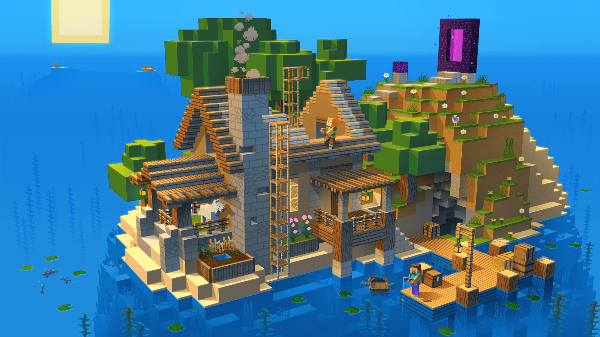 Minecraft Kreativmodus auf der der bau eines Hauses auf einer Insel zu sehen ist