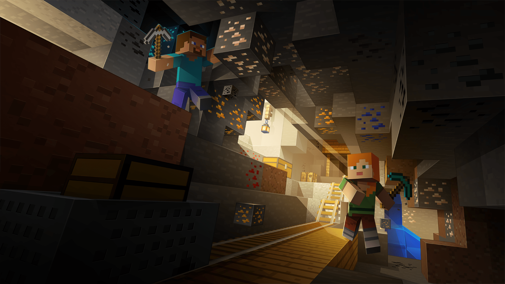 Ein männlicher und weiblicher Minecraft Charakter bauen in einer Höhle Blöcke ab