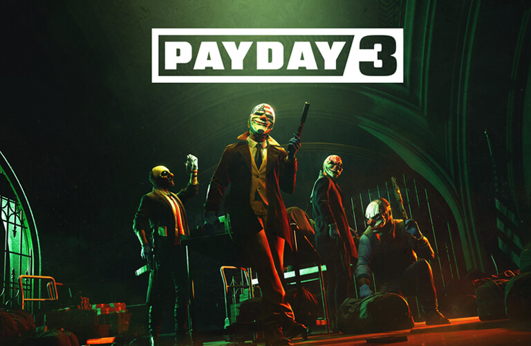 Vier Personen aus dem Spiel Payday 3, mit Clownsmasken und Waffen, stehen in einem schlecht beleuchteten Raum