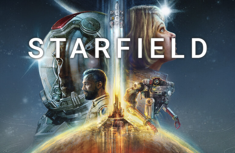 Offizielles Key Art des Spiels Starfield, mit verschiedenen Raumfahrern und technischen Geräten