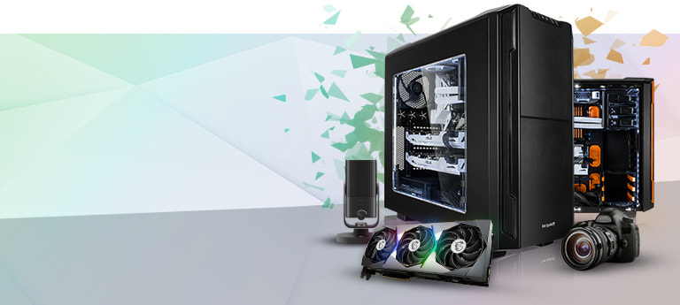 Zwei Streaming PCs mit modernen Hintergrund, Kamera, Grafikkarte und Mikrofon drumherum